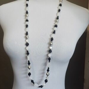 Long Beaded Necklace Black White Silver Tone Fashion Jewelry Charming Charlie